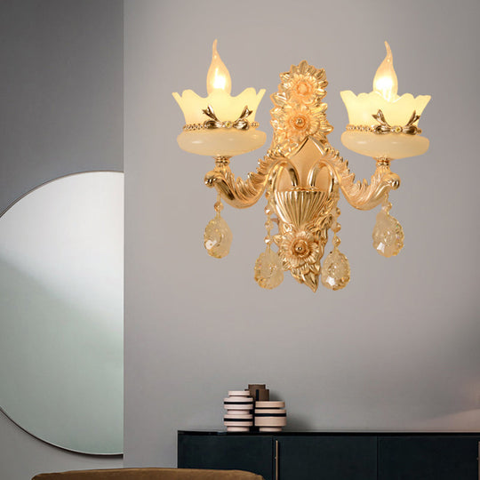 Retro Scalloped Frosted Glass Wall Sconce With Brass Carved Arm - 1/2-Light For Living Rooms