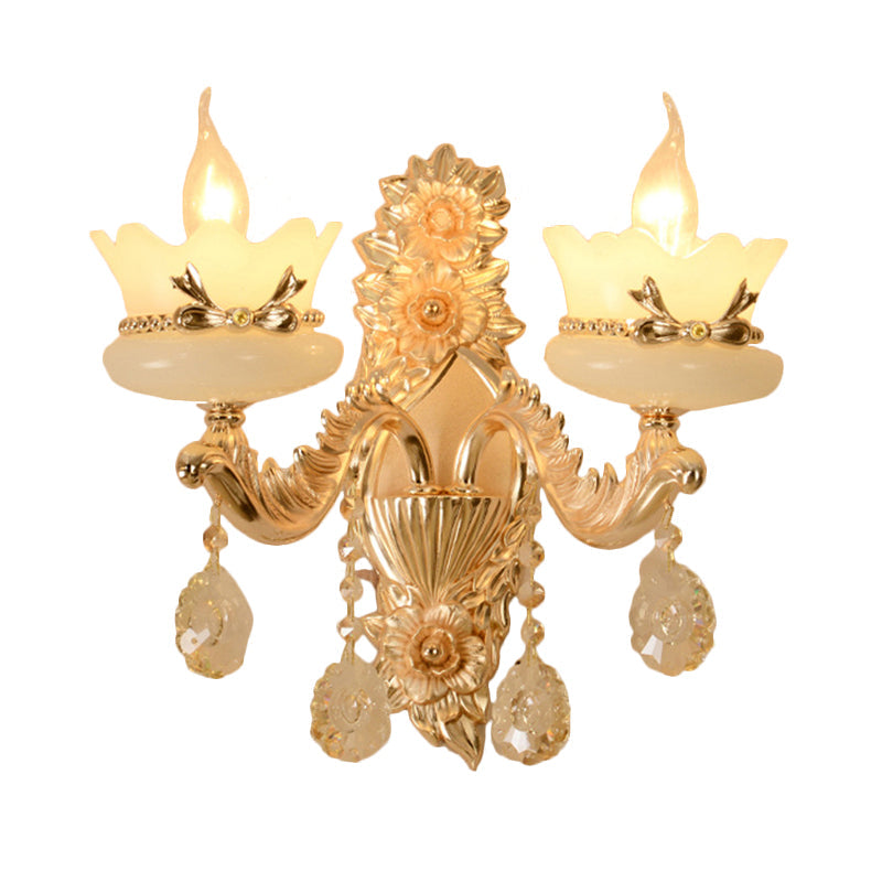 Retro Scalloped Frosted Glass Wall Sconce With Brass Carved Arm - 1/2-Light For Living Rooms