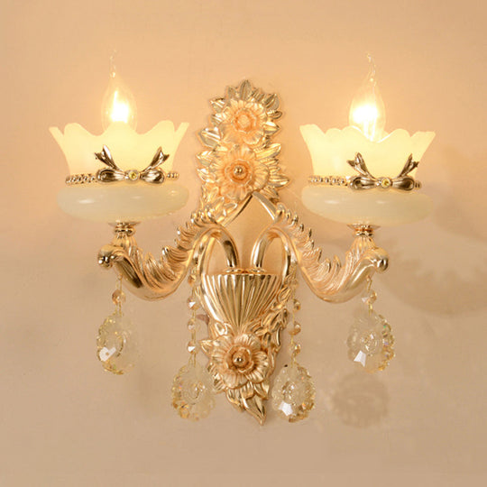 Retro Scalloped Frosted Glass Wall Sconce With Brass Carved Arm - 1/2-Light For Living Rooms