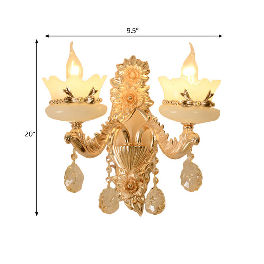 Retro Scalloped Frosted Glass Wall Sconce With Brass Carved Arm - 1/2-Light For Living Rooms