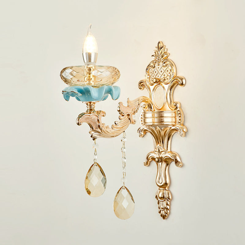 Antiqued Candlestick Wall Lamp With Crystal Sconce Light Fixture In Gold