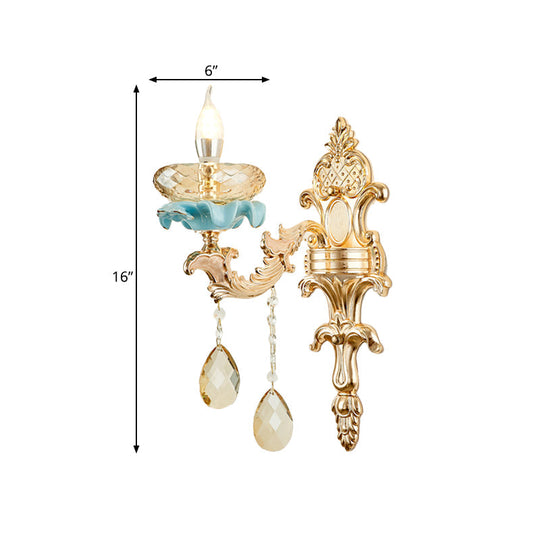 Antiqued Candlestick Wall Lamp With Crystal Sconce Light Fixture In Gold