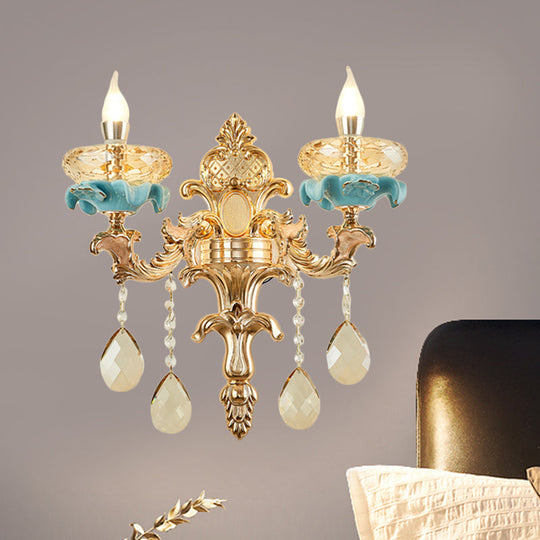 Antiqued Candlestick Wall Lamp With Crystal Sconce Light Fixture In Gold 2 /