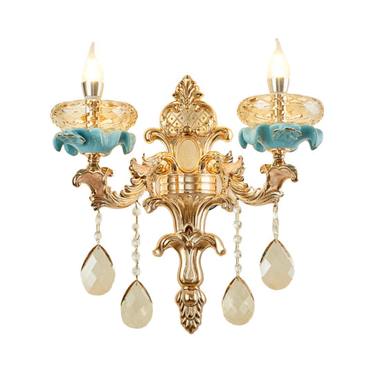 Antiqued Candlestick Wall Lamp With Crystal Sconce Light Fixture In Gold