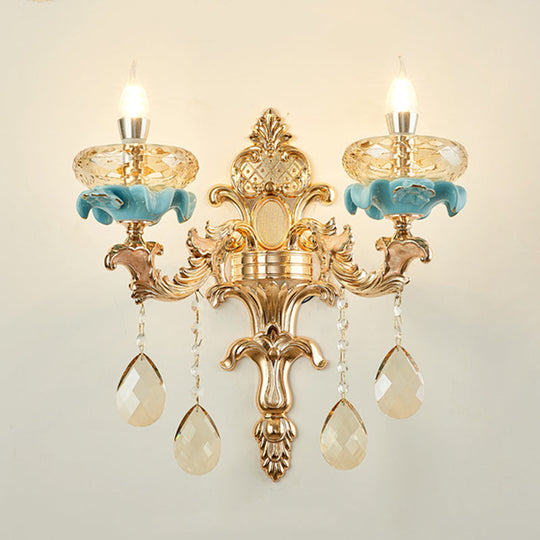 Antiqued Candlestick Wall Lamp With Crystal Sconce Light Fixture In Gold