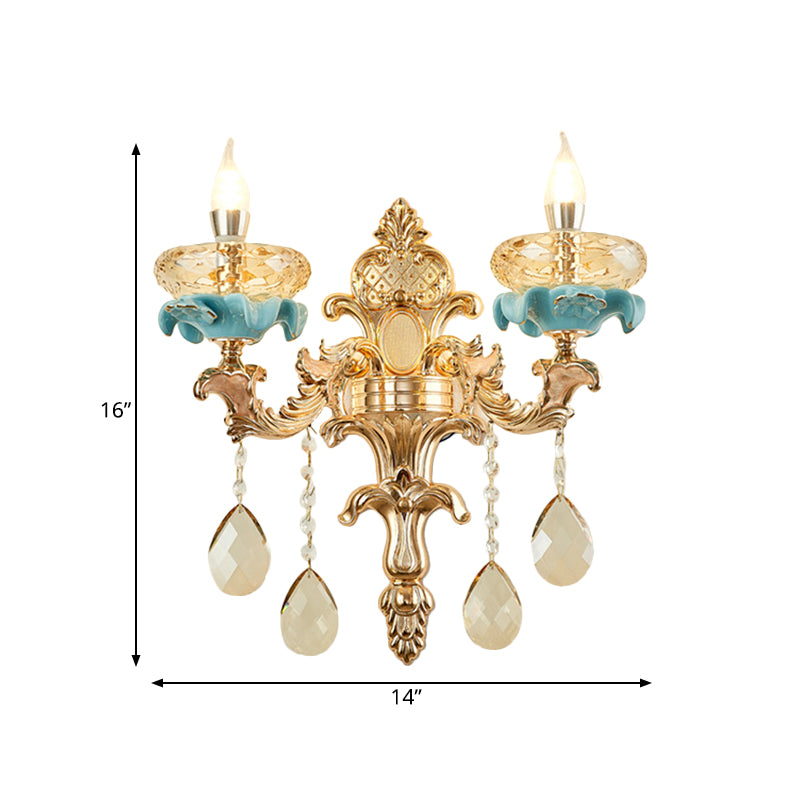 Antiqued Candlestick Wall Lamp With Crystal Sconce Light Fixture In Gold