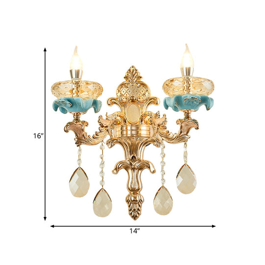 Antiqued Candlestick Wall Lamp With Crystal Sconce Light Fixture In Gold