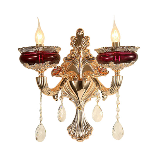 Gold-Red Crystal Flameless Candle Wall Sconce Lamp For Lobby - Traditional 1/2-Head Lighting Ideas