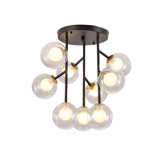 Modern Ball Semi-Mount Clear Glass Ceiling Lamp with Black/Gold Finish - 9/12 Heads Ideal for Living Room