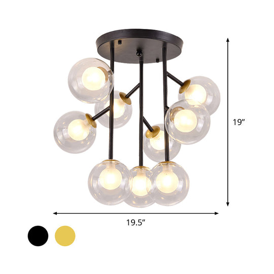 Modern Ball Semi-Mount Clear Glass Ceiling Lamp with Black/Gold Finish - 9/12 Heads Ideal for Living Room