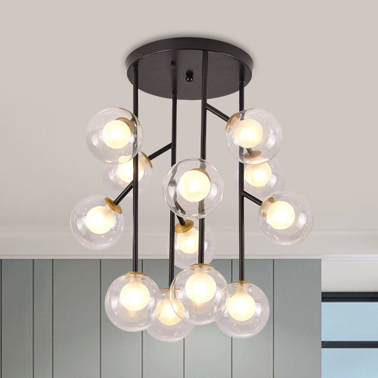 Modern Ball Semi-Mount Clear Glass Ceiling Lamp with Black/Gold Finish - 9/12 Heads Ideal for Living Room