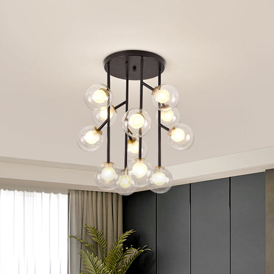 Modern Ball Semi-Mount Clear Glass Ceiling Lamp with Black/Gold Finish - 9/12 Heads Ideal for Living Room