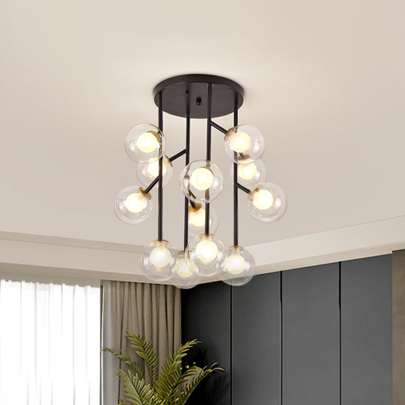 Modern Ball Semi-Mount Clear Glass Ceiling Lamp With Black/Gold Finish - 9/12 Heads Ideal For Living