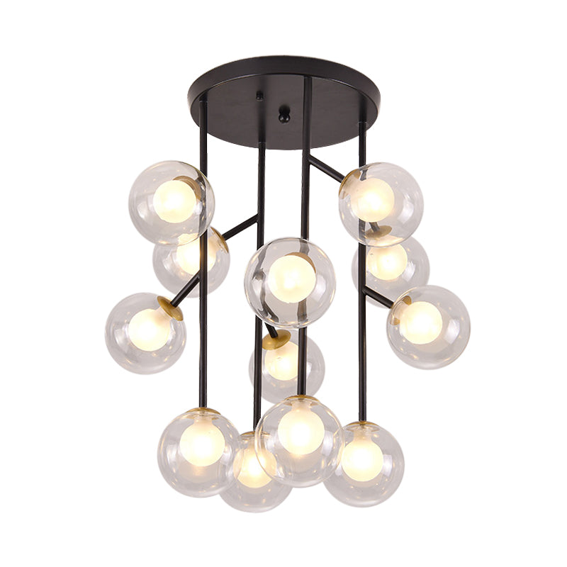 Modern Ball Semi-Mount Clear Glass Ceiling Lamp with Black/Gold Finish - 9/12 Heads Ideal for Living Room