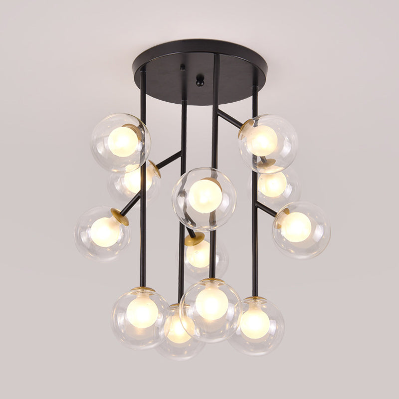 Modern Ball Semi-Mount Clear Glass Ceiling Lamp with Black/Gold Finish - 9/12 Heads Ideal for Living Room