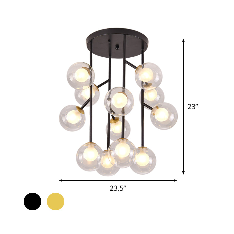 Modern Ball Semi-Mount Clear Glass Ceiling Lamp with Black/Gold Finish - 9/12 Heads Ideal for Living Room