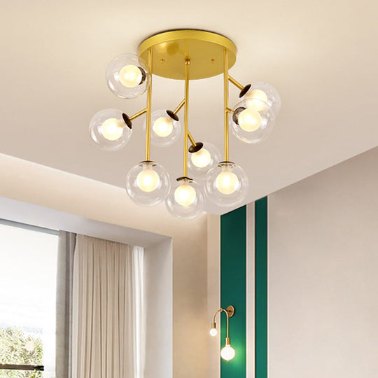 Modern Ball Semi-Mount Clear Glass Ceiling Lamp with Black/Gold Finish - 9/12 Heads Ideal for Living Room