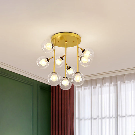 Modern Ball Semi-Mount Clear Glass Ceiling Lamp with Black/Gold Finish - 9/12 Heads Ideal for Living Room