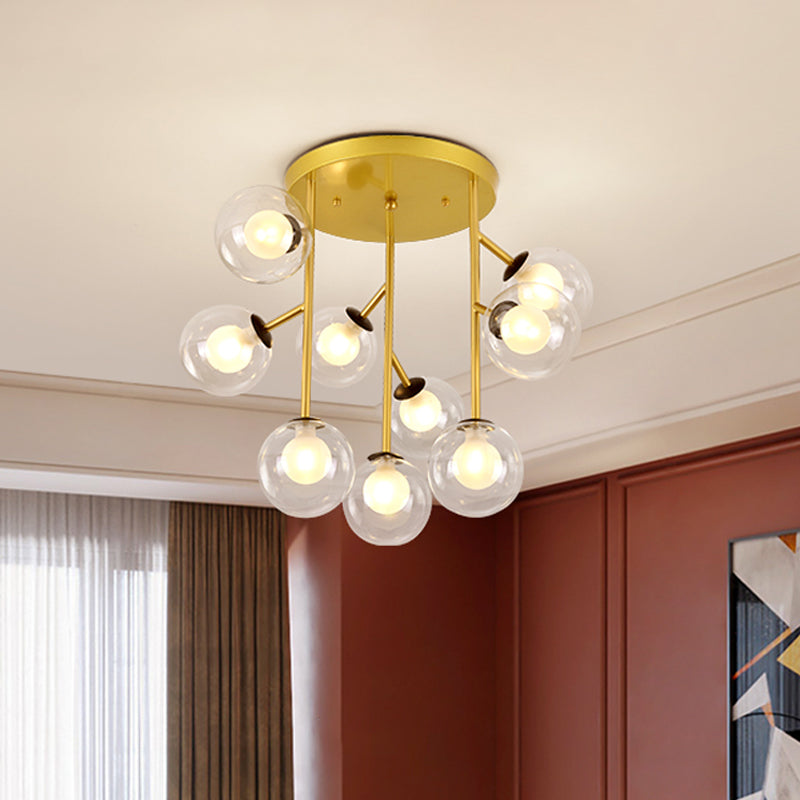 Modern Ball Semi-Mount Clear Glass Ceiling Lamp with Black/Gold Finish - 9/12 Heads Ideal for Living Room