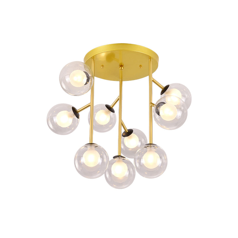 Modern Ball Semi-Mount Clear Glass Ceiling Lamp with Black/Gold Finish - 9/12 Heads Ideal for Living Room