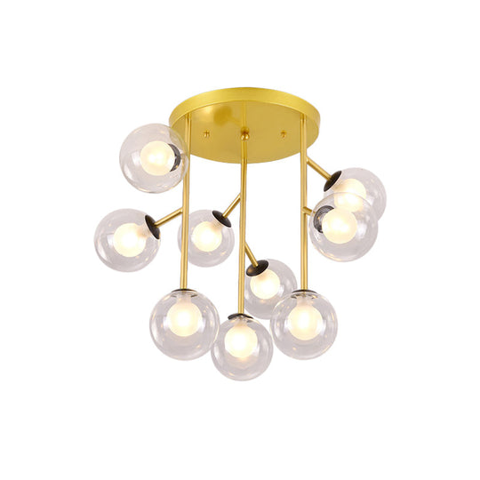 Modern Ball Semi-Mount Clear Glass Ceiling Lamp With Black/Gold Finish - 9/12 Heads Ideal For Living