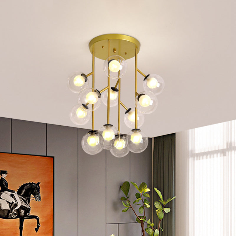 Modern Ball Semi-Mount Clear Glass Ceiling Lamp with Black/Gold Finish - 9/12 Heads Ideal for Living Room