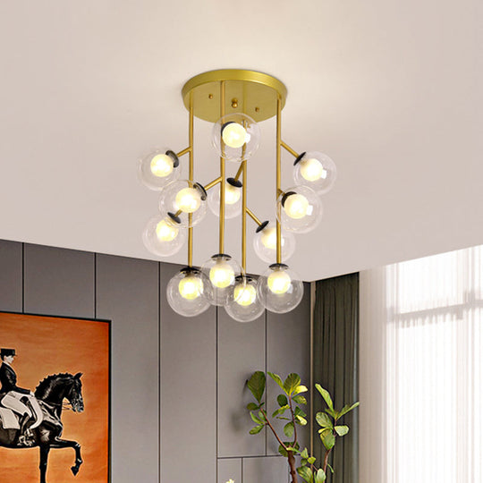 Modern Ball Semi-Mount Clear Glass Ceiling Lamp With Black/Gold Finish - 9/12 Heads Ideal For Living