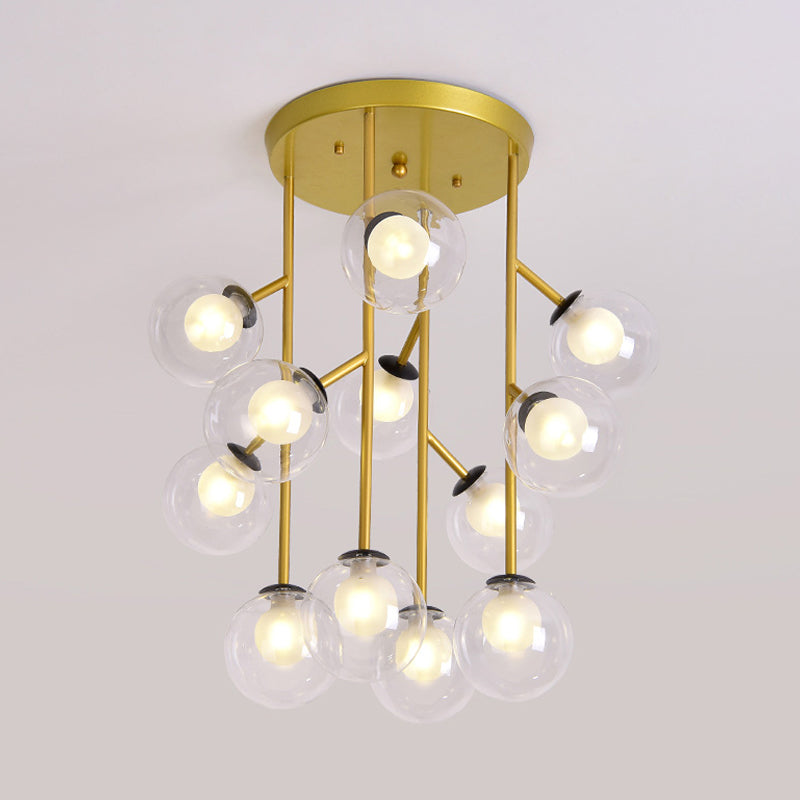 Modern Ball Semi-Mount Clear Glass Ceiling Lamp with Black/Gold Finish - 9/12 Heads Ideal for Living Room