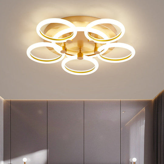 Modern Acrylic Halo Ring Semi Flushmount - Gold Finish, LED Lighting - 5 Heads, Close to Ceiling