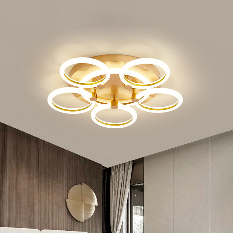 Modern Acrylic Halo Ring Semi Flushmount - Gold Finish, LED Lighting - 5 Heads, Close to Ceiling