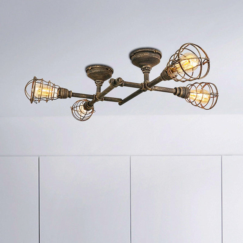 Vintage Industrial Brass Wire Cage Semi-Flush Light With Pipe - 4/6/8 Heads For Living Room Ceiling