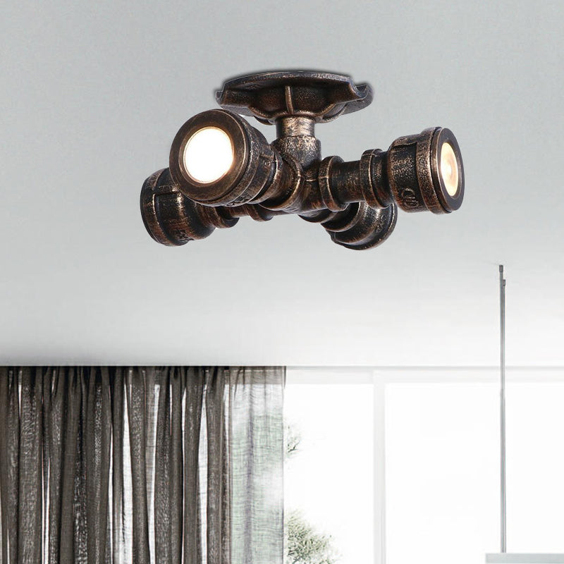 Industrial Rustic Semi-Flush Balcony Light - 4 Wrought Iron Lights - Aged Bronze Ceiling Fixture