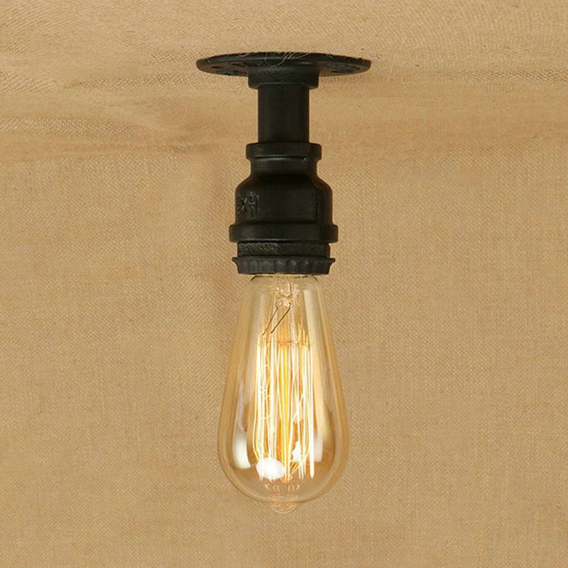 Industrial Black Metallic Mini Semi Flush Light with Bare Bulb for Corridor - 1 Bulb Piping Semi Flush Light