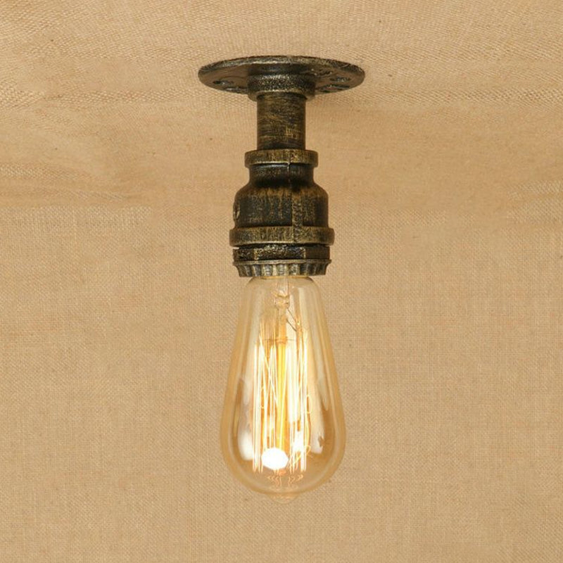 Semi Flush Industrial Rustic Ceiling Lamp - Open Bulb Iron Head in Bronze/Antique Brass for Corridors