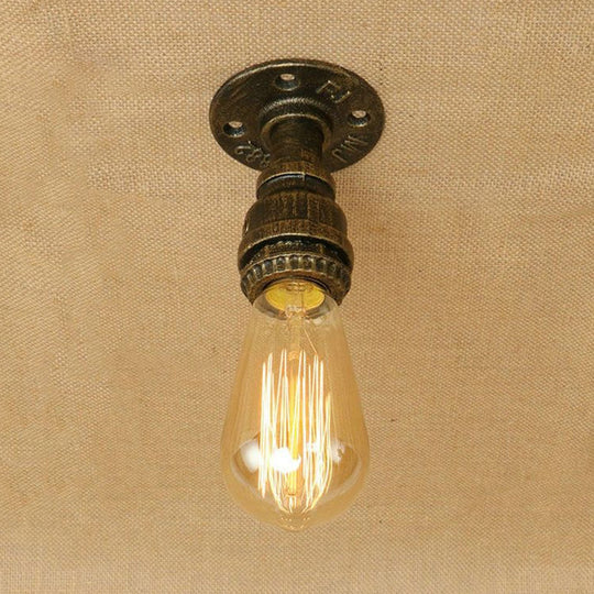 Semi Flush Industrial Rustic Ceiling Lamp - Open Bulb Iron Head in Bronze/Antique Brass for Corridors