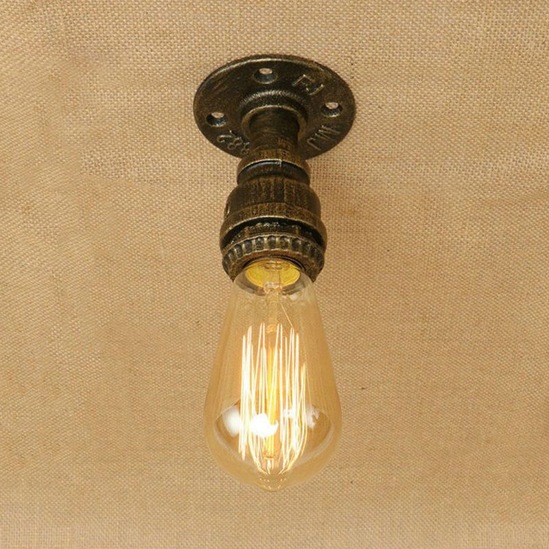 Semi Flush Industrial Rustic Ceiling Lamp - Open Bulb Iron Head In Bronze/Antique Brass For