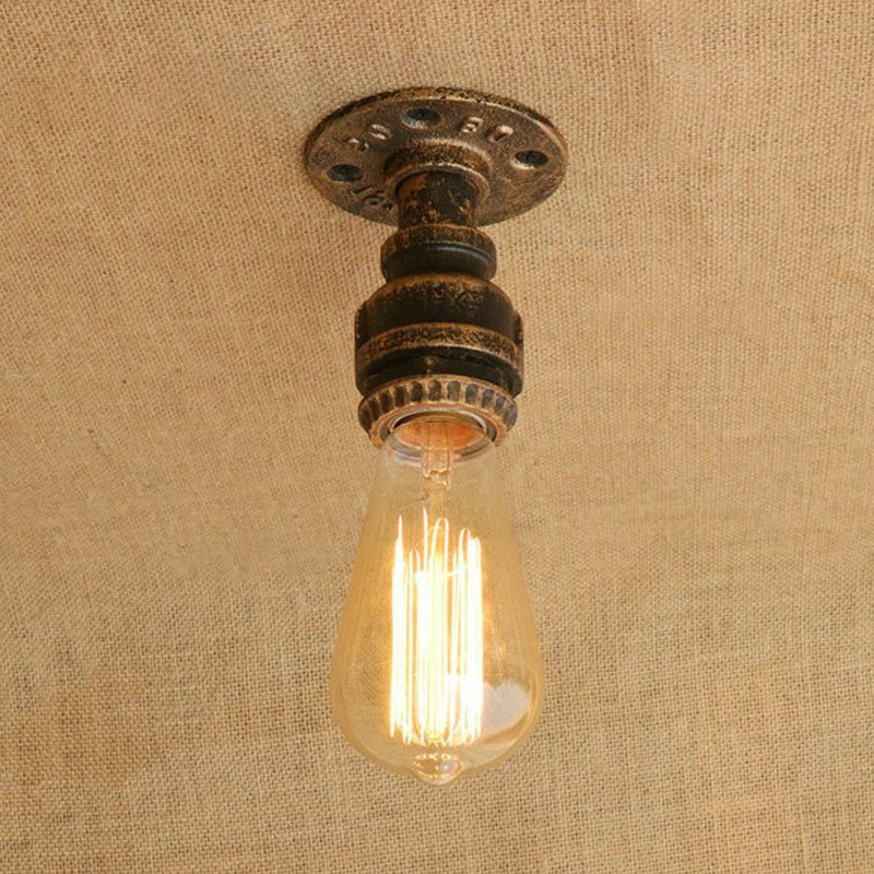 Semi Flush Industrial Rustic Ceiling Lamp - Open Bulb Iron Head in Bronze/Antique Brass for Corridors