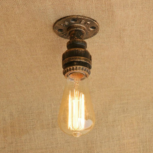 Semi Flush Industrial Rustic Ceiling Lamp - Open Bulb Iron Head In Bronze/Antique Brass For