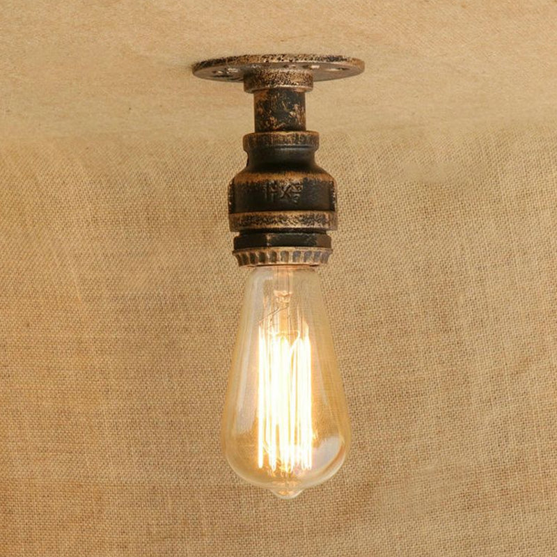 Semi Flush Industrial Rustic Ceiling Lamp - Open Bulb Iron Head in Bronze/Antique Brass for Corridors