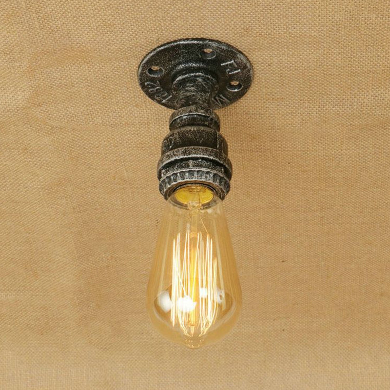 Semi Flush Industrial Rustic Ceiling Lamp - Open Bulb Iron Head in Bronze/Antique Brass for Corridors