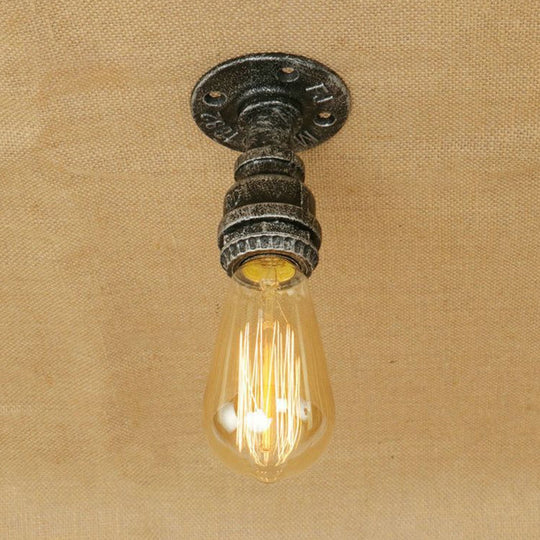 Semi Flush Industrial Rustic Ceiling Lamp - Open Bulb Iron Head In Bronze/Antique Brass For