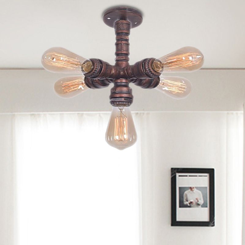 Copper Sputnik Semi Mount Ceiling Lamp with Water Pipe Farmhouse Wrought Iron - 5 Bulbs