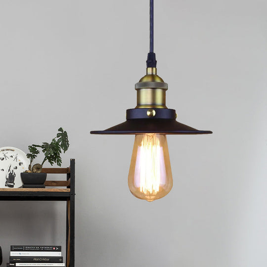 Retro Stylish Metallic Flat Shade Ceiling Pendant With 1 Bulb - Coffee Shop Hanging Lamp In Black