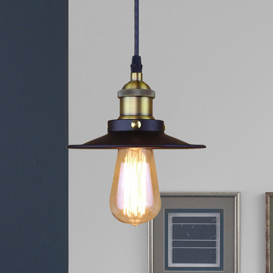 Retro Stylish Metallic Flat Shade Ceiling Pendant With 1 Bulb - Coffee Shop Hanging Lamp In Black