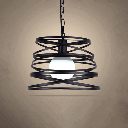 Industrial Spiral Hanging Light with Wire Guard and Chain - Black/White