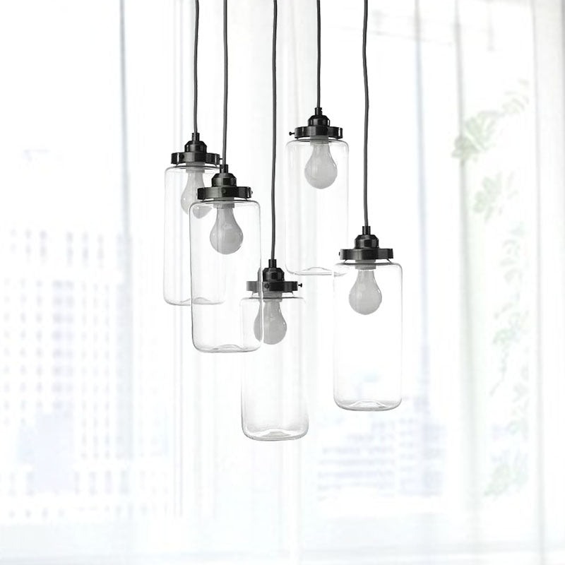 Industrial Clear Glass 5-Light Black Cylinder Multi Pendant Ceiling Light for Coffee Shops