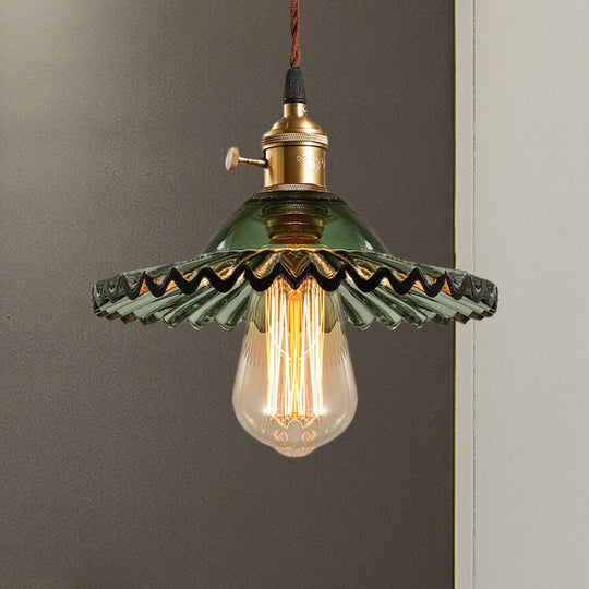 Green Scalloped Glass Pendant Light - Industrial Dining Room Hanging Lamp