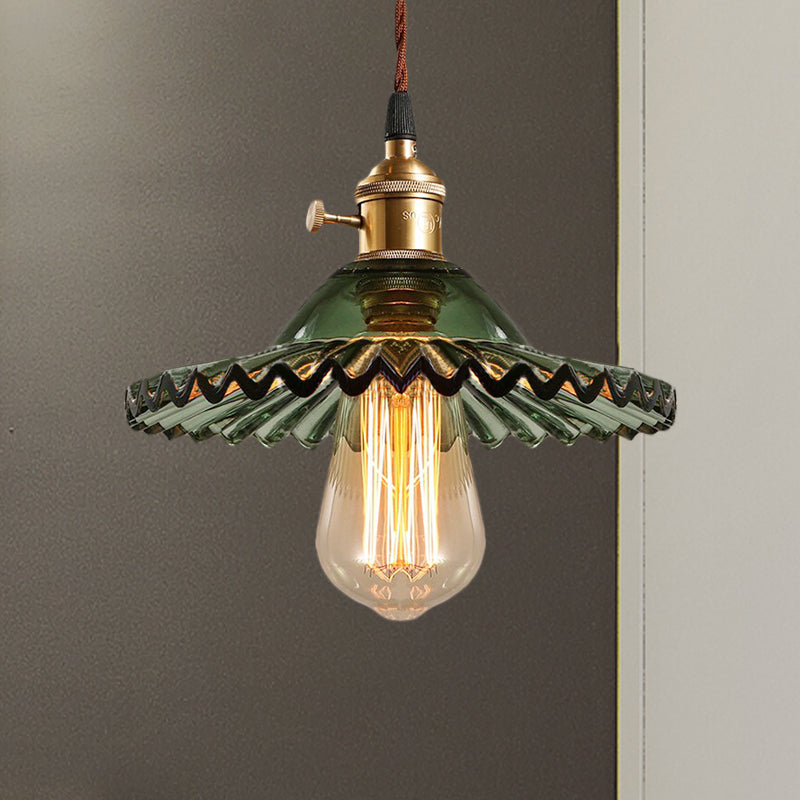 Industrial Glass Pendant Lamp In Green - Scalloped Prismatic Design Perfect For Dining Room Lighting