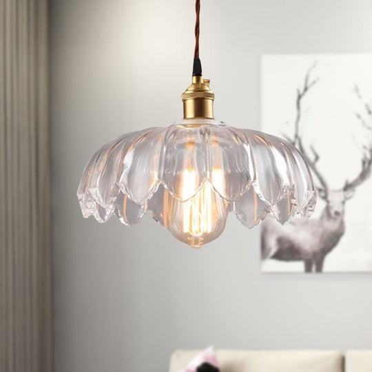 Clear Glass Industrial Pendant Light With Scalloped Shade - Single Bulb Hanging Ceiling Fixture For