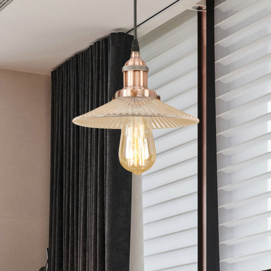 Ribbed Glass Cone Pendant Light Fixture for Dining Room - 1-Light, Factory Brass/Copper Finish